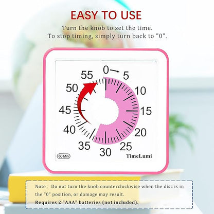 60-Minute Visual Timer for Kids, Time Management Tool Study Classroom Timer, Home Edition Silent Countdown Timer for Toddler, Teachers and Adults (Pink)