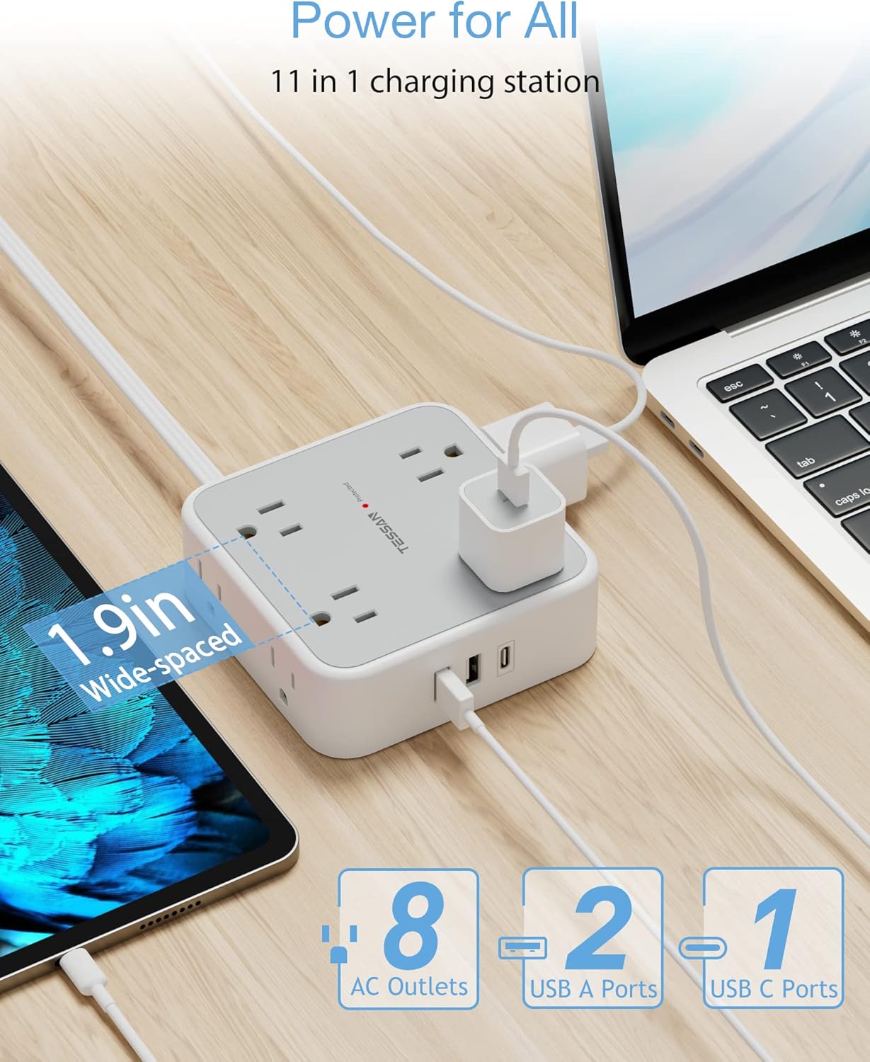 Power Strip Surge Protector 10 Ft Cord, 8 AC Outlets, 3 USB Charger(1 USB C Port), TESSAN Ultra Thin Extension Cord, Flat Plug, 900 Joules Protection, Desk Charging Station for Home, Office