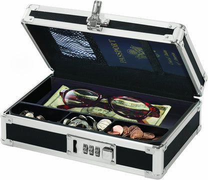 Vaultz Locking Mini Cash Box with Bill and Coin Tray, 8.5 x 2.75 x 5.5 Inches, Black (VZ00304)