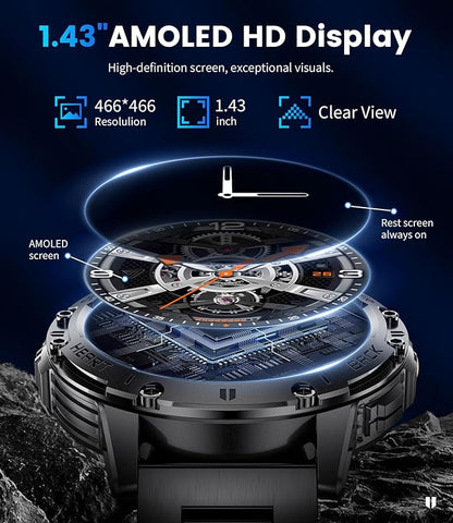 LIGE 1.43" AMOLED Smart Watch for Men with Flashlight, Bluetooth Calling, 100+ Sport Modes, 530mAh, IP68 Waterproof Fitness Tracker for Workout, iOS Android Compatible, Black Steel Camouflage Silicone
