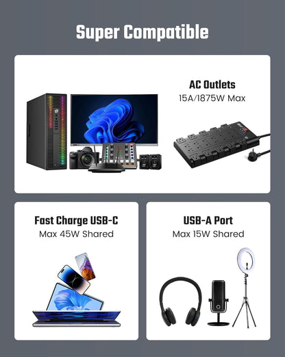 10Ft Power Strip Surge Protector, SUPERDANNY Charging Station 22 Outlets with 45W Type-C Fast Charging USB Ports, 4 USB-A, 2 USB-C, 2100J, 15A/1875W, Flat Plug Extension Cord for Home Office Black