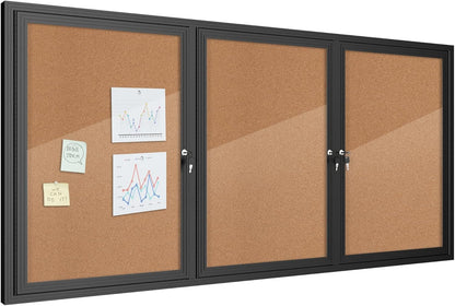 70"x34" Enclosed Bulletin Board, Outdoor Lockable Weather-Resistant Aluminum Cork Noticeboard for School & Office, Black Frame w/Cork