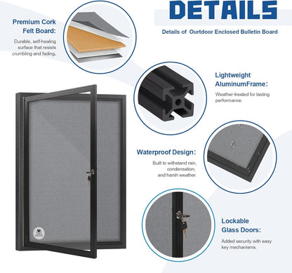 Lockable Outdoor Enclosed Bulletin Board,Weatherproof Cork Noticeboard with Locking Door, Wall-Mounted Aluminum Frame Display Case for Office, Home, School (Black Frame | Greyfelt Surface, 36x24 inch)