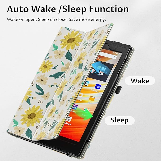 VORI Case for All-New Amazon Kindle Fire HD 10 Tablet (13th/11th Generation 2023/2021 Release) and Fire HD 10 Plus - Slim Folding Stand Folio Cover with Auto Wake/Sleep & Hand Strap, Summer Daisy