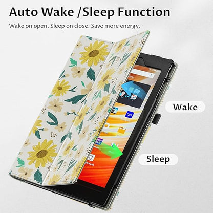 VORI Case for All-New Amazon Kindle Fire HD 10 Tablet (13th/11th Generation 2023/2021 Release) and Fire HD 10 Plus - Slim Folding Stand Folio Cover with Auto Wake/Sleep & Hand Strap, Summer Daisy