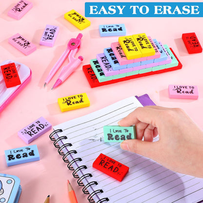 300 Pcs Inspirational Erasers for Kids Back to School Gifts I Love to Read Small Colorful Pencil Erasers for Students Classroom Cute Motivational Gift for Drawing School Office Supplies