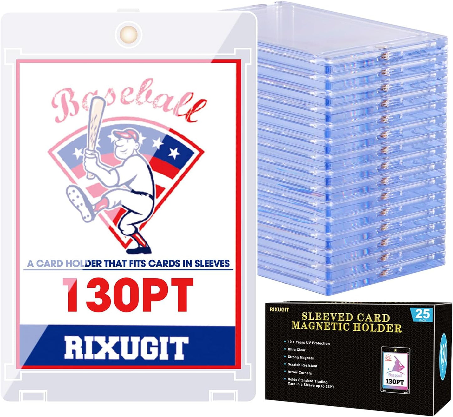 25-Pack One-Touch Magnetic Card Holders - 130PT Trading Card Protectors with Larger 2.63" x 3.70" Inner Dimensions, Fits Soft Card Sleeve on Card First, Then into Card Holder for Double Protection