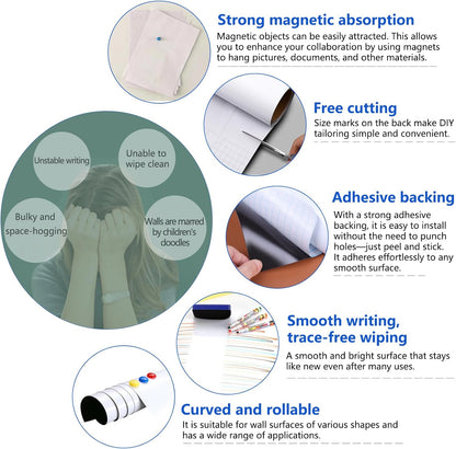 Magnetic Dry Erase Whiteboard Paper with Adhesive, 94" x 47" White Board Film for Wall, Easy to Write and Clean Dry Erase Board for Office, Classroom, Home, Include Marker, Magnetic Eraser and Magnets