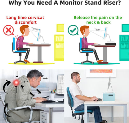 Marbrasse Monitor Stand Riser, 16.5 Inch 2 Tier Computer Printer Shelf Stand for Laptop Computer Screen Storage, Desktop Stand with Phone Holder and Cable Management (Blue)