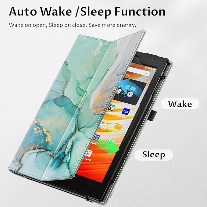 VORI Case for All-New Amazon Kindle Fire HD 10 Tablet (13th/11th Generation 2023/2021 Release) and Fire HD 10 Plus - Slim Folding Stand Folio Cover with Auto Wake/Sleep & Hand Strap, Emerald Marble