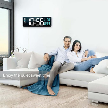 Abovsare 16.2 Inch Large Display Wall Clocks, LED Digital Clock with Remote Control for Living Room Decor, Automatic Brightness Dimmer Clock with Date Week Temperature (Blue)