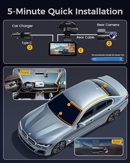 COOLCRAZY 4K Dash Cam Front and Rear with Touch Screen & STARVIS Sensor,5.8Ghz Wi-Fi,GPS,64GB Card,Night Vision Dashcam,G-Sensor,Loop Recording,App Control,24H Parking Monitor Car Camera