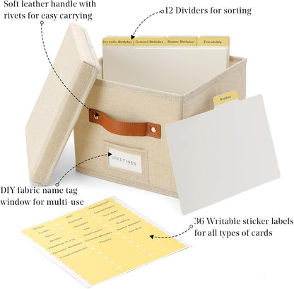 Greeting Card Organizer with dividers - Storage Box with lid Holds 150+ Cards - Assortment Box for Greeting Cards,Recipes, Photos, Envelopes, Keepsake - 9 x 9 x 7 Inches (Beige, 1 pcs)