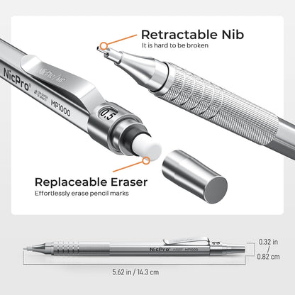Nicpro 0.5 Mechanical Pencil Set with Case, 3PCS MP1000 Metal Artist Pencil & 8 Tube HB Lead Refills 0.5mm, 3 Erasers,9 Eraser Refills For Architect Writing Drafting, Drawing, Engineering, Sketching