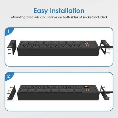 JUNNUJ Heavy Duty 20 Amp Power Strip 4800J, 16 Outlets 12 Gauge Garage Industrial Surge Protector, High Amp 5-15P Adapter Shop 6-20R T-Slot Metal Outlet, 10 FT Extension Cord Commercial for Appliance