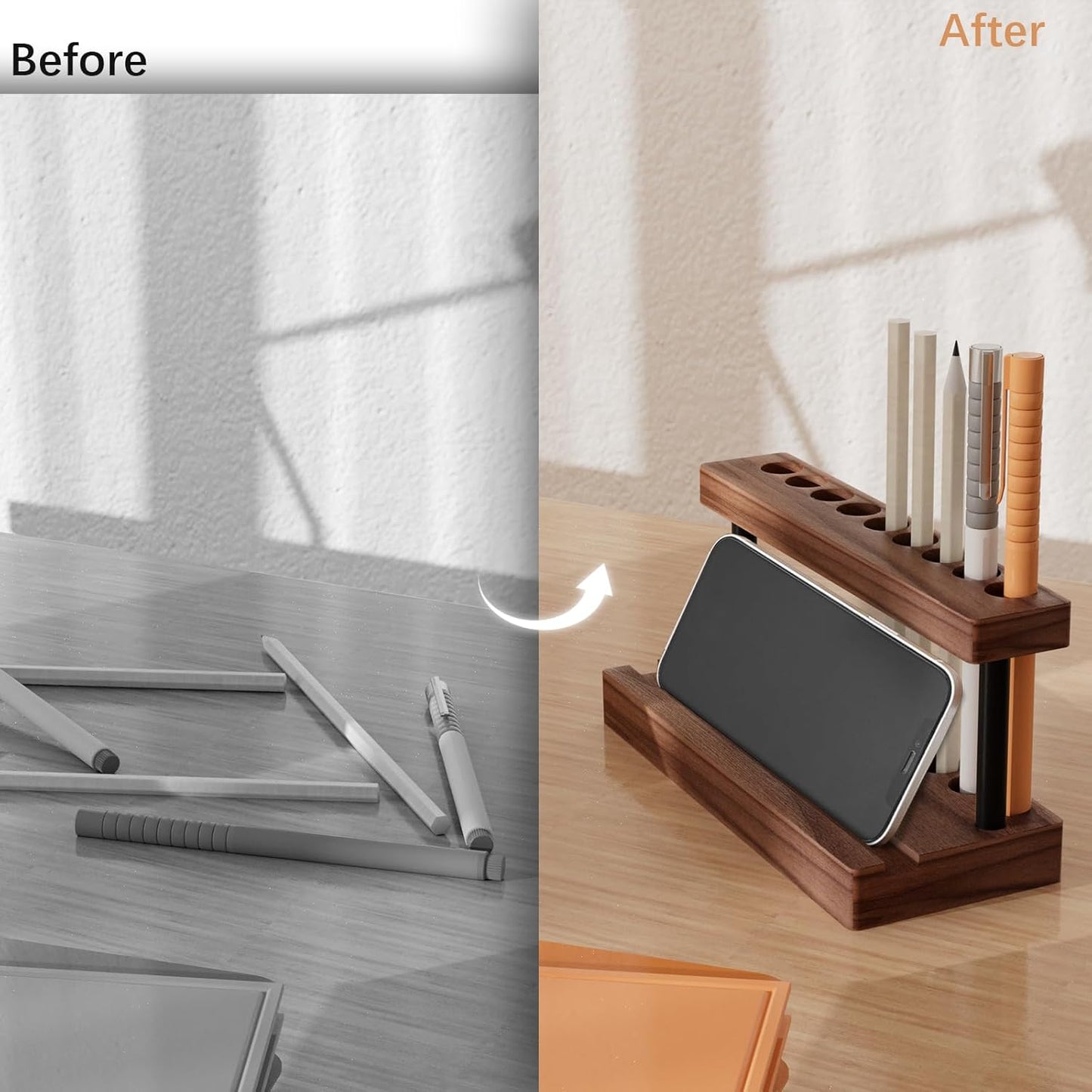 Pencil & Pen Holder for Desk, Solid Walnut Pen Display Stand with 9 Slots and Cell Phone Holder, Aesthetic Pen Organizer for Minimalist Office Desk Decor