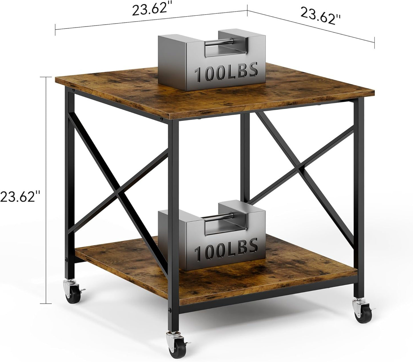 Warmiehomy 24"x24"x24" Large Printer Stand with Storage, 2 Tier Rolling Printer Cart Table, Mini Fridge Stand with Wheels, Use for 3D Laser Printer Home Office, Rustic Brown