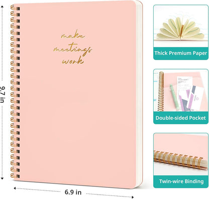 6 Pack of Meeting Notebook for Work Organization - Work notebook with action items, Meeting Minutes Planner Notebook, Perfect Office Supplies for Men & Women - Pink