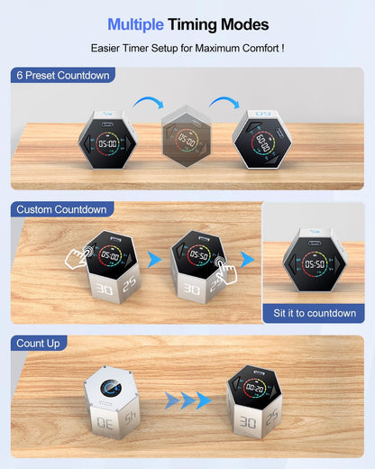 Ticktime Pomodoro Timer Cube, Hexagon Productivity Timer, Pause & Resume, Silent, Vibrate & Adjustable Sound Alert, for ADHD, Task, Work, Study, 5/15/25/30/45/60min & Custom Countdown, Silver