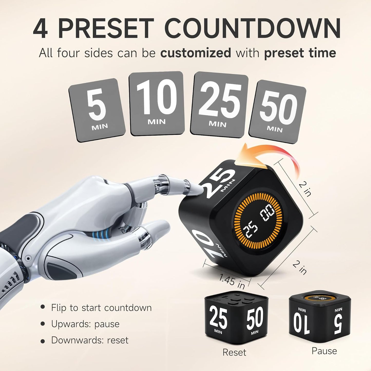 Rotating Productivity Timer 5, 25, 10, 50 Minutes Preset, Desk Cube w/Gravity Sensor for ADHD, Mute Functions, Ideal for Work, Study, Kitchen, Back to School (1, Black)