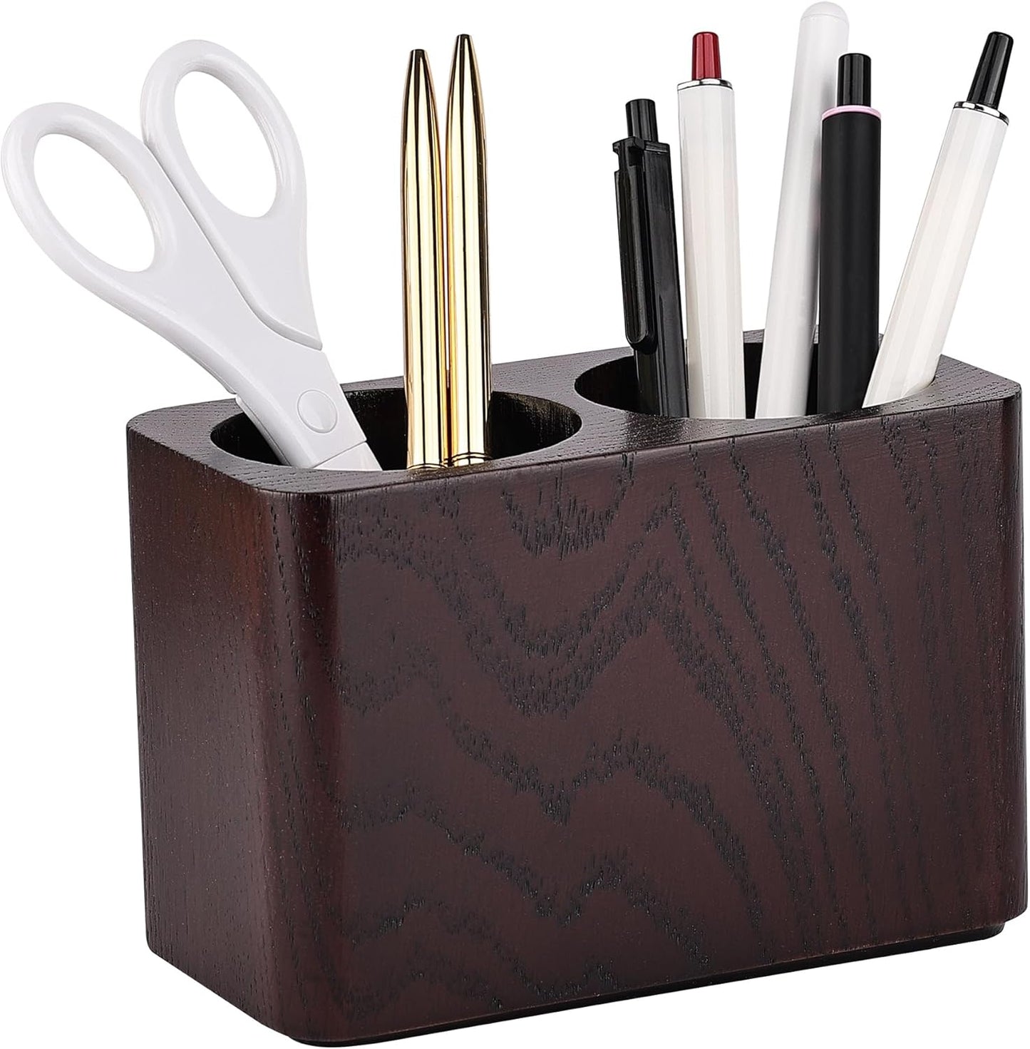 Oak Solid Wood Pen &Pencil Holder for Desk, Office Stationery Organizer, Table Pencil Cup Stand,Desk Accessories Holder, Two Cups Practical Design. (Espresso)