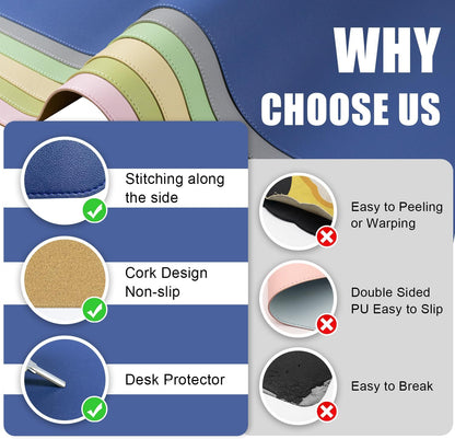 Large Desk Pad Protector, Non-Slip Computer Mat for Desk, 55'' x 17'' PU Leather Office Desk Mat for Home & Office, Laptop Desk Blotter Pad for Mouse and Keyboard, Dark Blue