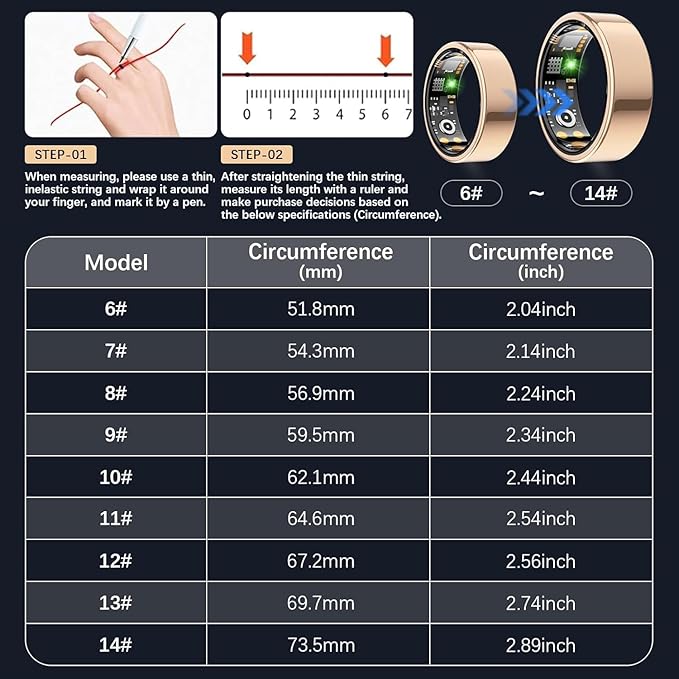 Smart Health Ring for Women Men, Fitness Tracker Ring with Heart Rate, Blood Oxygen, Sleep Tracker, Step Tracker, No Subscription Fee, IP68 Waterproof Smart Ring for iPhone & Android (Rose Gold, 6#)