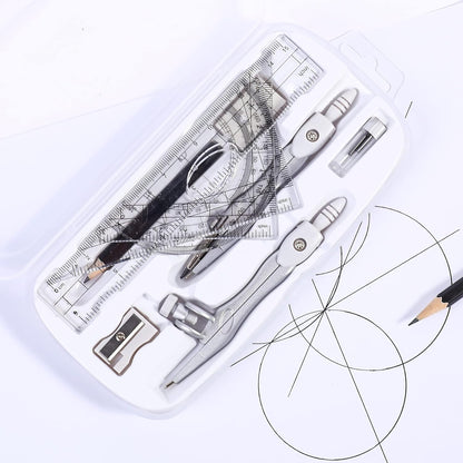 Math Geometry Kit Sets 10 Piece Student Supplies with Shatterproof Storage Box,Includes Rulers,Protractor,Compass,Eraser,Pencil Sharpener,Lead Refills,Pencil,for Drafting（White）