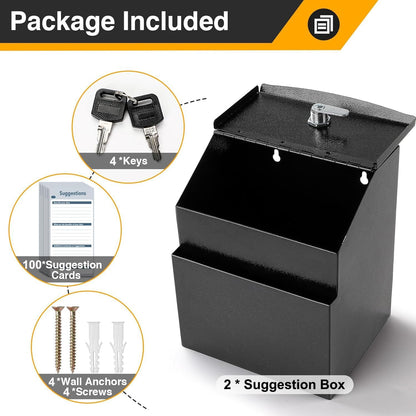 Suggestion Box with Slot and Lock 2 Pcs Metal 8.4 x 5.8 x 7.0 inch Built-In Storage Compartment 100 Suggestion Card Tip Jar Ballot Voting Prayer Comment Mailbox Booth Classroom Restaurant
