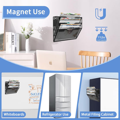 3-Tier Magnetic File Holder, No Drilling Installation File Cabinet Organizer, Black Magnetic File Organizer, Magazine Rack, Magnetic Paper Holder for Refrigerator, File Cabinets, Whiteboard