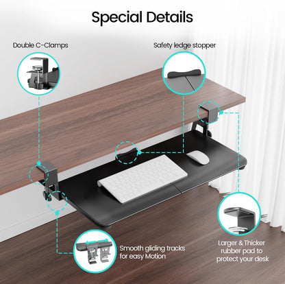 Large Keyboard Tray Under Desk Slide Out with Extra Sturdy C Clamp Mount System,26'' (30'' including Clamps) x11 Slide-Out Keyboard Drawer Under Desk for Typing,Keyboard Mouse Tray,Black