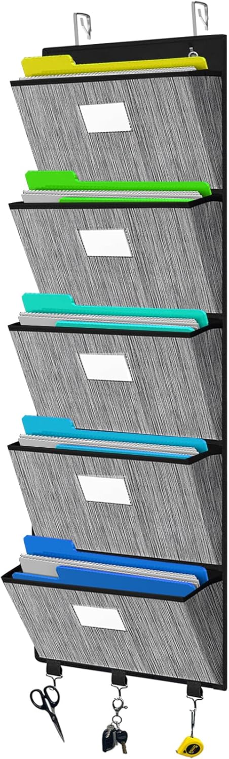 homyfort Over the Door File Organizer, Hanging File Folders Wall Organizer with 5 Large Pocket for Papers, Charts, Mails, Magazine, Office (Black)