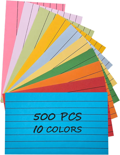 Index Cards 500Pcs, 3 x 5 Inches Ruled Index Cards, Colored Index Flash Cards, Lined on Both Side Colored Notecards for Study, Learning, Memory, Recipe Cards (10 Colors)