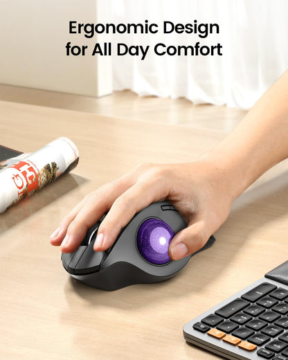 ProtoArc Wireless Trackball Mouse, EM01 NL Ergonomic Bluetooth Rollerball Thumb Rechargeable Computer Laptop Mouse, Adjustable Angle & 3 Device Connection for PC, Mac, Windows-Purple Ball