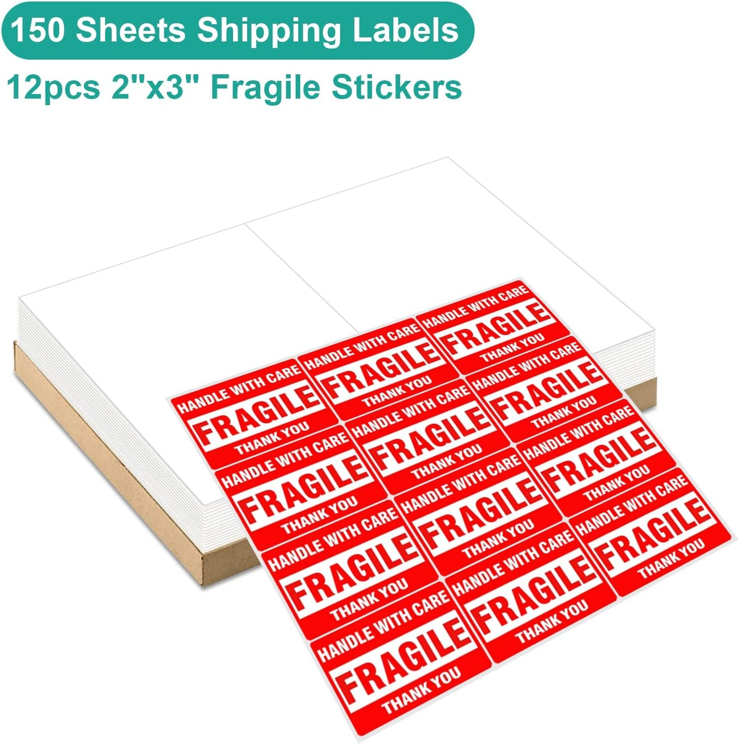 MFLABEL Half Sheet Shipping Labels (8.5" x 11") - 300 Self-Adhesive Labels for Laser/Inkjet Printers | 2-UP Design for FedEx, UPS, Amazon FBA | Matte Finish No-Jam Labels + 12 Free Fragile Stickers