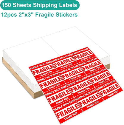MFLABEL Half Sheet Shipping Labels (8.5" x 11") - 300 Self-Adhesive Labels for Laser/Inkjet Printers | 2-UP Design for FedEx, UPS, Amazon FBA | Matte Finish No-Jam Labels + 12 Free Fragile Stickers