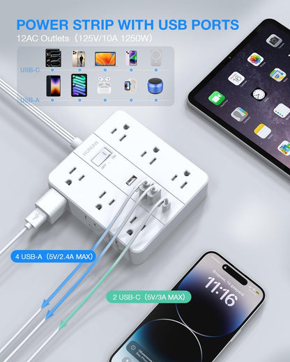 Power Strip with USB Ports, HUNIAN 5Ft Flat Plug Extension Cord Surge Protector, 12 Widely Outlet Extender with 6 USB Charger (2 USB C Ports), Desk Charging Station for Home, Office Supplies