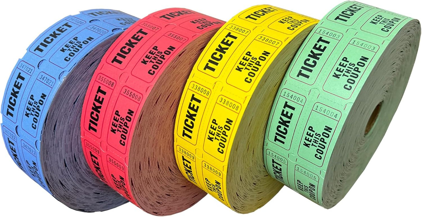 Yuanhe Raffle Tickets Double Roll - 8000 Total 50/50 Raffle Tickets for Events, Entry, Class Reward, Fundraiser, Carnivals, Door Prizes, Color Red Yellow Blue and Green