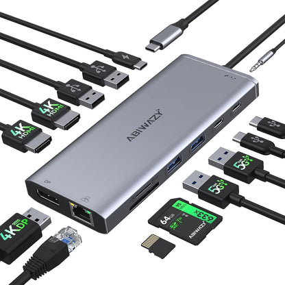 USB C Hub USB-C Docking Station Dual Monitor 14 in 1 Triple Display Multiport Adapter with 2 HDMI+DP+7 USB Type C/A Ports+Ethernet+Audio, USBC Dongle for Dell/HP/Lenovo ThinkPad/Surface(Grey)