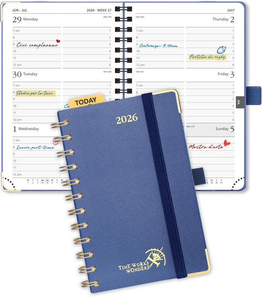 POPRUN 2026 Planner (Pocket Size 4''x 6.25'' Wire-Bond Hard Cover) Calendar Weekly and Monthly (Jan.2026-Dec.2026) Small Planner with Hourly Time Slots, for Purse, 100 GSM - Navy Blue
