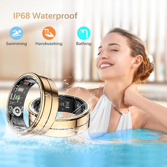 Fit Ring, Smart Health Rings for Women Men with Heart Rate,Blood Oxygen,HRV,Stress Level, Sleep Monitor, Step Tracker, No Subscription Fee, IP68 Waterproof Smart Ring for iphone &Android (Gold, 12#)