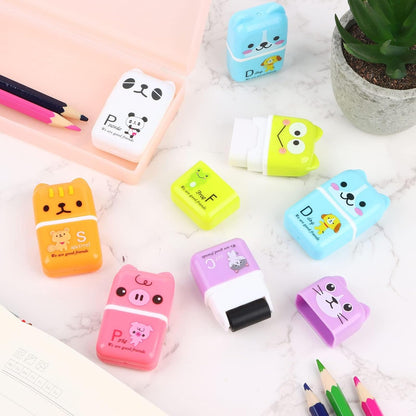 36 Pieces Erasers for Kids Cute Animal Cartoon Eraser with Cover and Roller Cases 6 Patterns Soft Pencil Rubber for Office Back to School Gifts Supplies Animals Themed Fun Party Favor