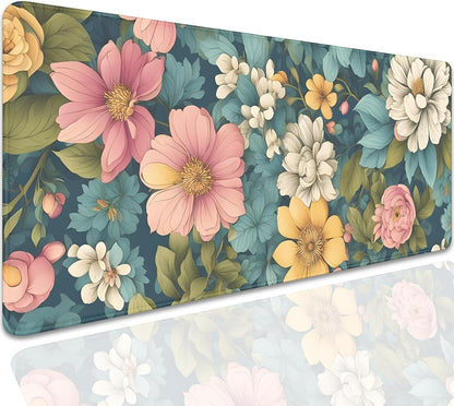 Colorful Flowers Desk Pad Mouse Pad,Large Floral Mouse Mat with Stitched Edges,Non-Slip Rubber Base Mousepad for Office PC Keyboard Laptop and Home Work Desk Mat(27.5X11.8 in)