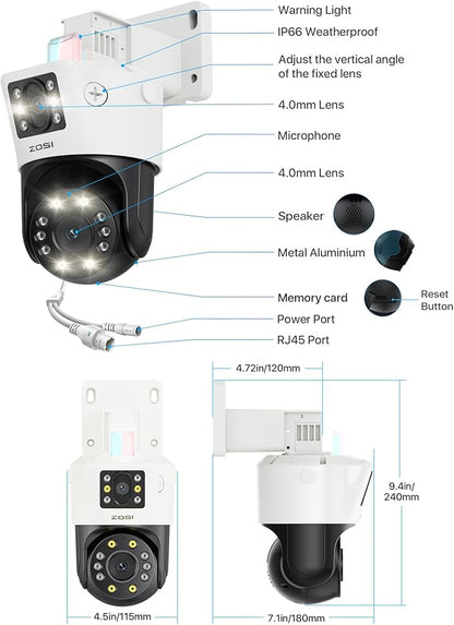 ZOSI 4K Dual-Lens PoE Security Camera System, 4 x 4K 8MP Pan/Tilt (2x4MP) PoE 360 Camera Outdoor, Person/Vehicle Detect, Spotlight Siren, Color Night Vision, 8CH 8MP NVR with 2TB HDD (16CH Expandable)