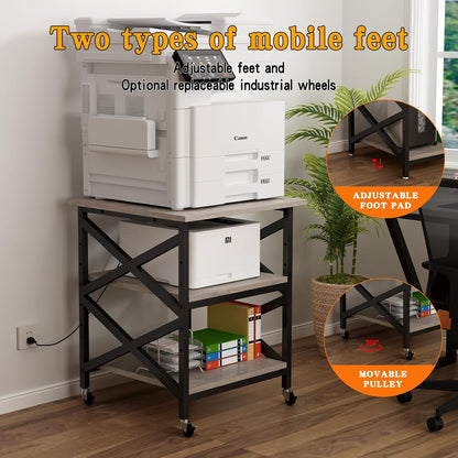 Large Printer Stand with Power Outlet, with Height Adjustable Storage Shelf, 3 Tier Rolling Printer Cart with Industrial Wheels, 23.6 x 23.6 Inches Printer Table for Home Office, Greige