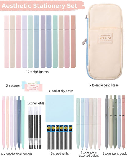 SKYDUE Cute School Supplies 44 PCS, Aesthetic Pencil Case with 12 Pastel Highlighters, 5 Black Gel Pens, 6 Color Gel Pens & Mechanical Pencils, College Essentials Students Stationary Set Blue