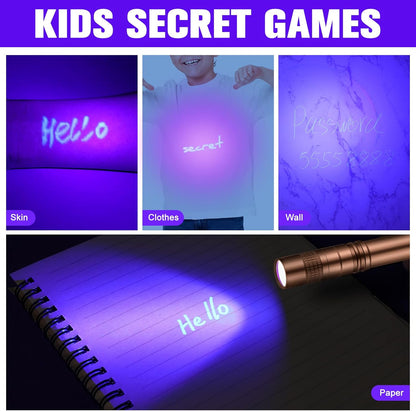 Tegeme 8 Pcs Black Light Markers Set 4 Invisible Ink Pen 4 Mini UV Flashlights Invisible Ink Marker Disappearing Pen for Class Prizes Spy Gift Party Favors(Bronze and Black)