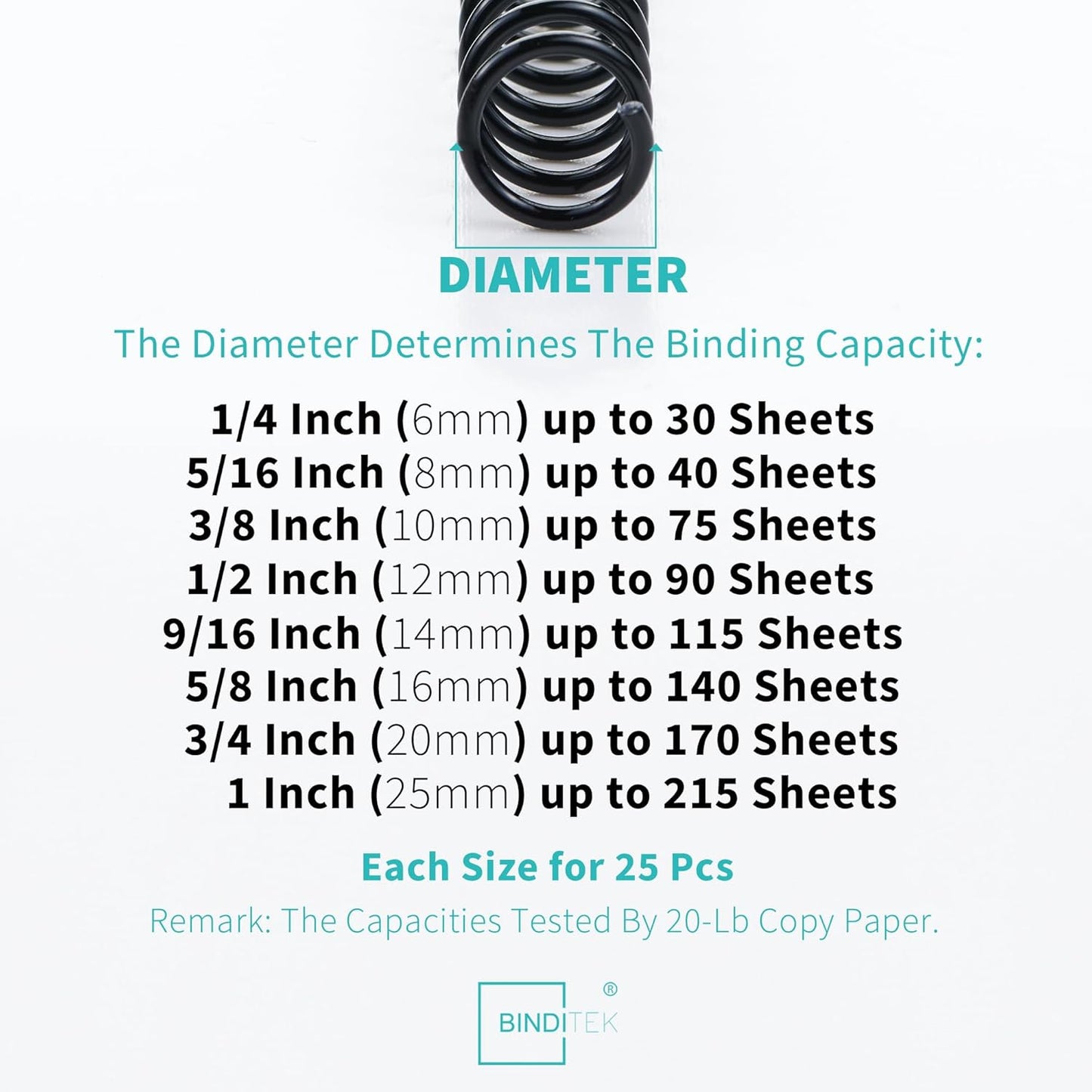 Binditek 200 Pack Plastic Spiral Binding Coils,8 Different Sizes (1/4",5/16",3/8",1/2",9/16",5/8",3/4",1"), 4:1 Pitch, Black, for Letter Size