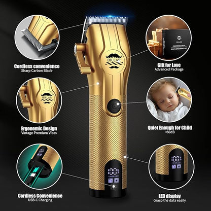 BILLAR Professional Barber Clippers and Trimmer Set - Foil Shaver Professional Hair Clippers for Men, Mens Cordless Hair Clipper for Barbers Haircut Kit（Golden）