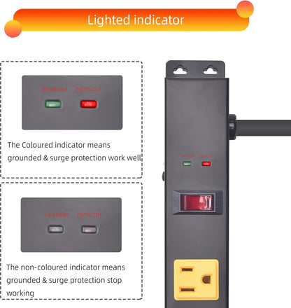 10 Outlet Long Power Strip Surge Protector, Heavy Duty Industrial Metal Power Strip 6 Feet, Wall Mountable, for Work Bench, Shop, Garage, Black (1000 Joules)